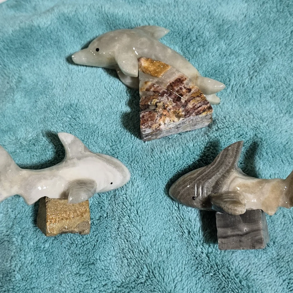 Grey and White Marble Carved Shark And Dolphins.